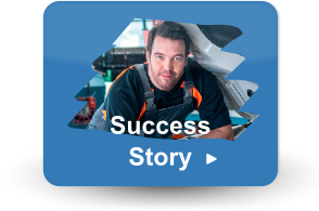 Button with a mechanic or technician leaning against car and the text "success story"