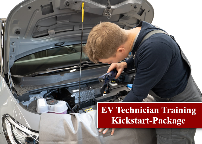 EV technician looking under the hood of a gray volkswagen id.4 electric vehicle. Text in red box "EV Technician Training Kickstart-Package".