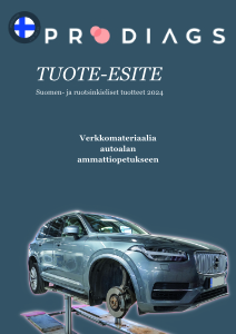 Tuote-esite 2024 kansi. Kuvassa harmaa Volvo XC90 nosturilla ja teksti verkkomateriaalia autoalan ammattiopetukseen.